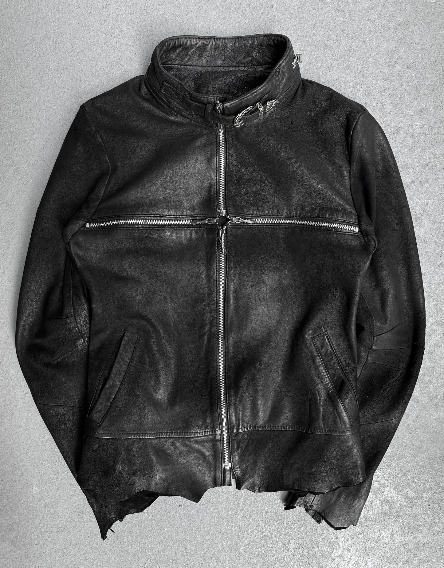 14thAddiction Distressed Sheepskin Leather Cross-zip Jacket