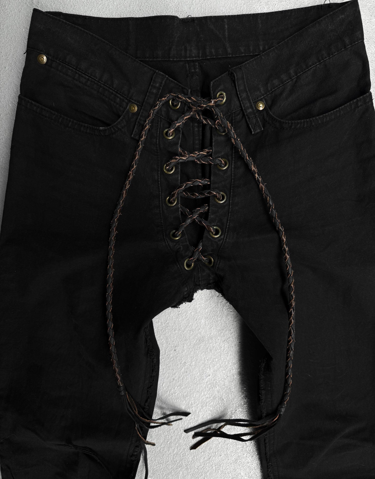 IfSixWasNine Early 00s ‘NO. LU/ BCM-PRF’ Black Lace-up Flare Denim