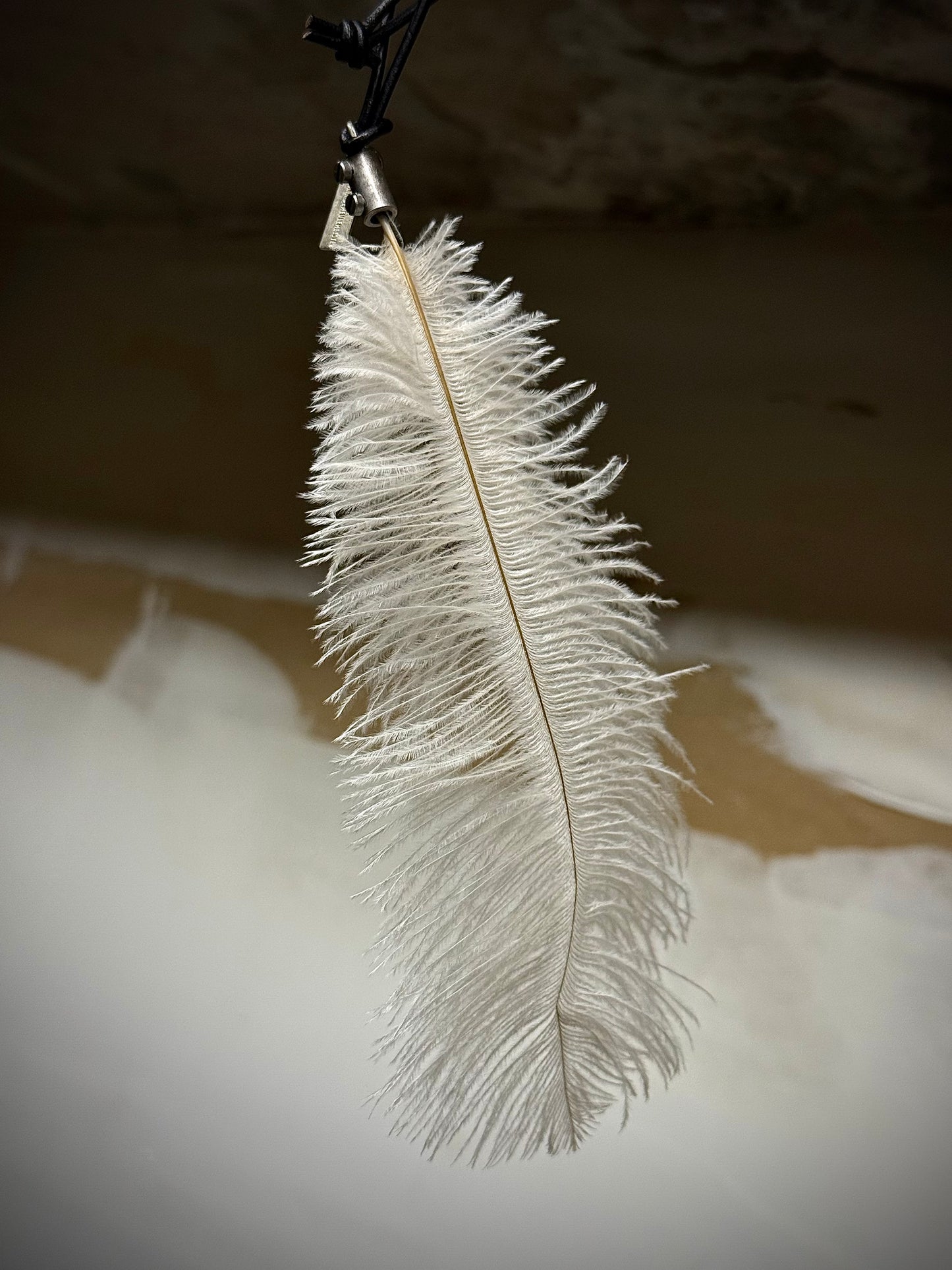 Ann Demeulemeester White Ostrich Feather Leather Cord Necklace