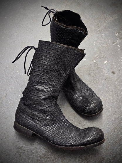 Carpe Diem Early 00s Charcoal Grey Python Skin Back-Lace Boots