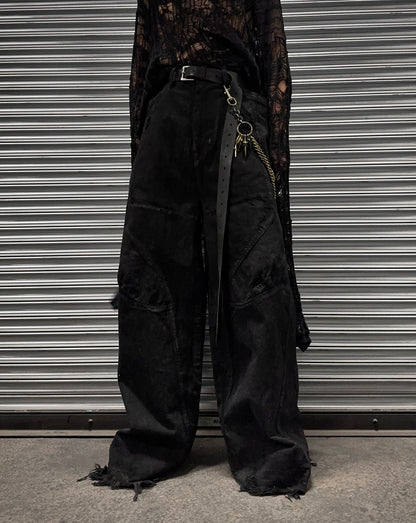 Julius_7 AW24-25 “rift;” Distressed Waxed 10oz Wide-Leg Denim