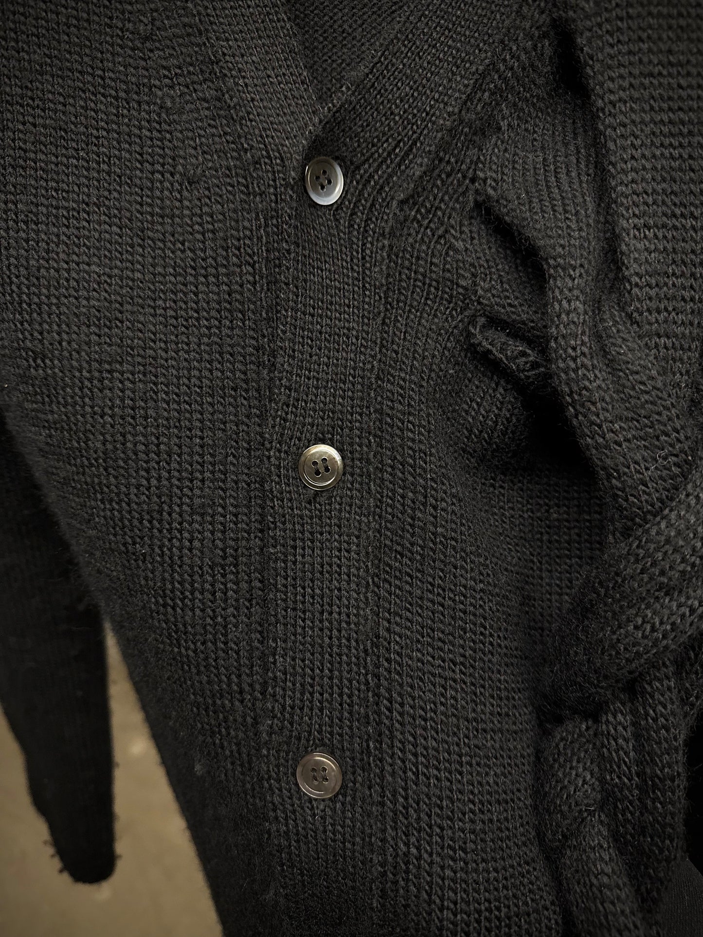 COMME des GARÇONS AW14 Cut Out Extended Wool Locks Knit Cardigan detail | DRIEW GARMENTS