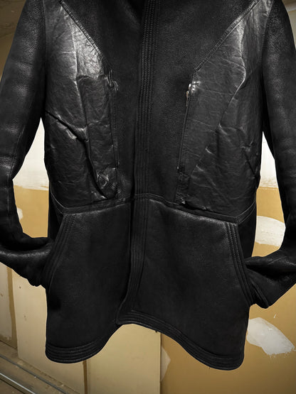 Rick Owens AW12 "MOUNTAIN" Hooded Blistered Lamb Leather Shearling Jacket detail | DRIEW GARMENTS