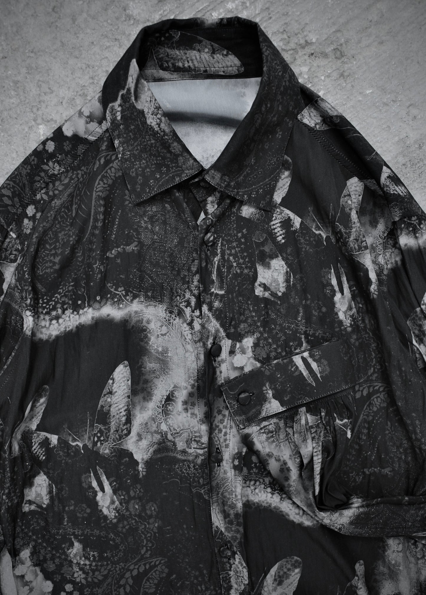 kiryuyrik AW23 Grey Butterfly Nature Print French Cuff Shirt detail | DRIEW GARMENTS