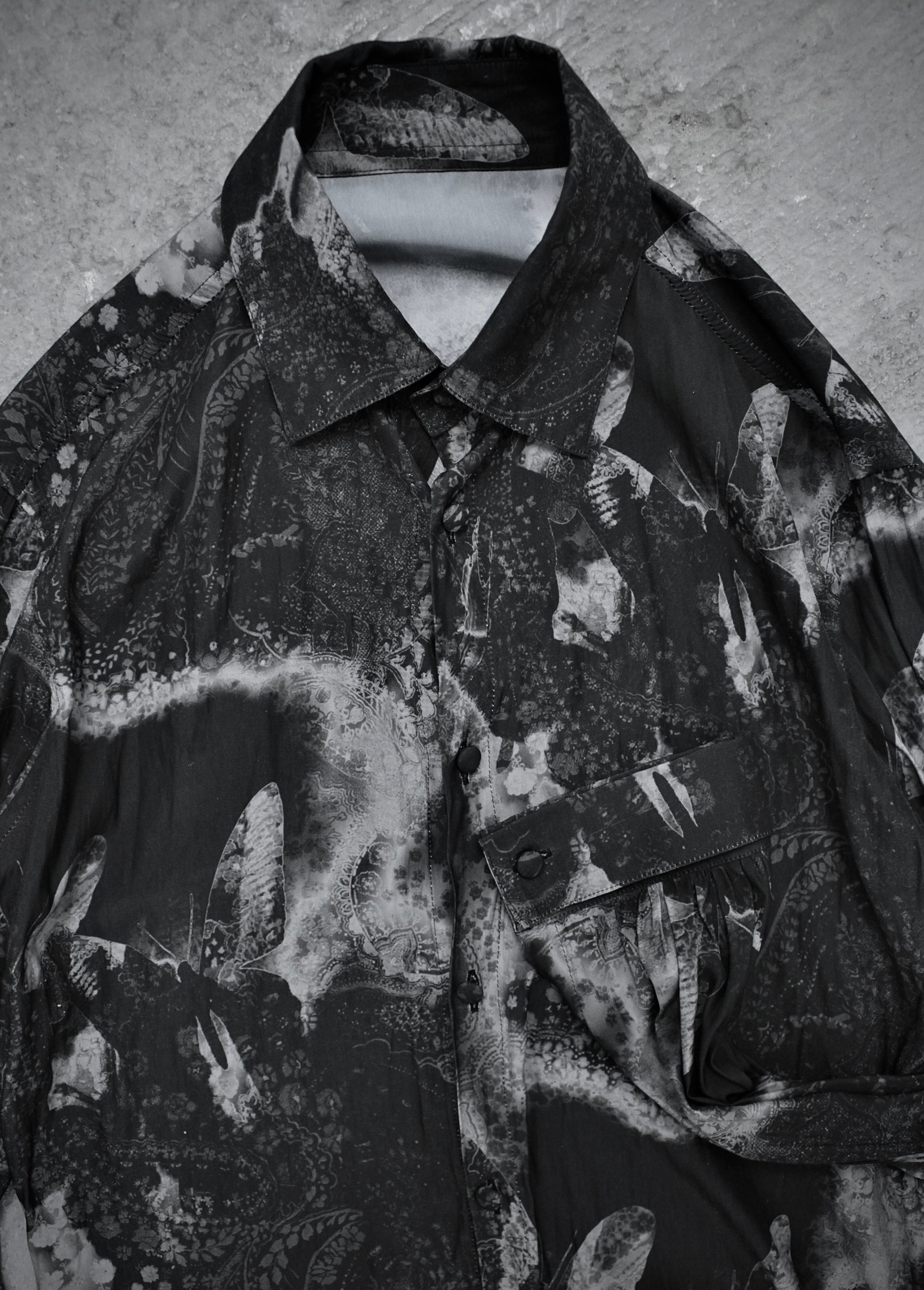 kiryuyrik AW23 Grey Butterfly Nature Print French Cuff Shirt detail | DRIEW GARMENTS