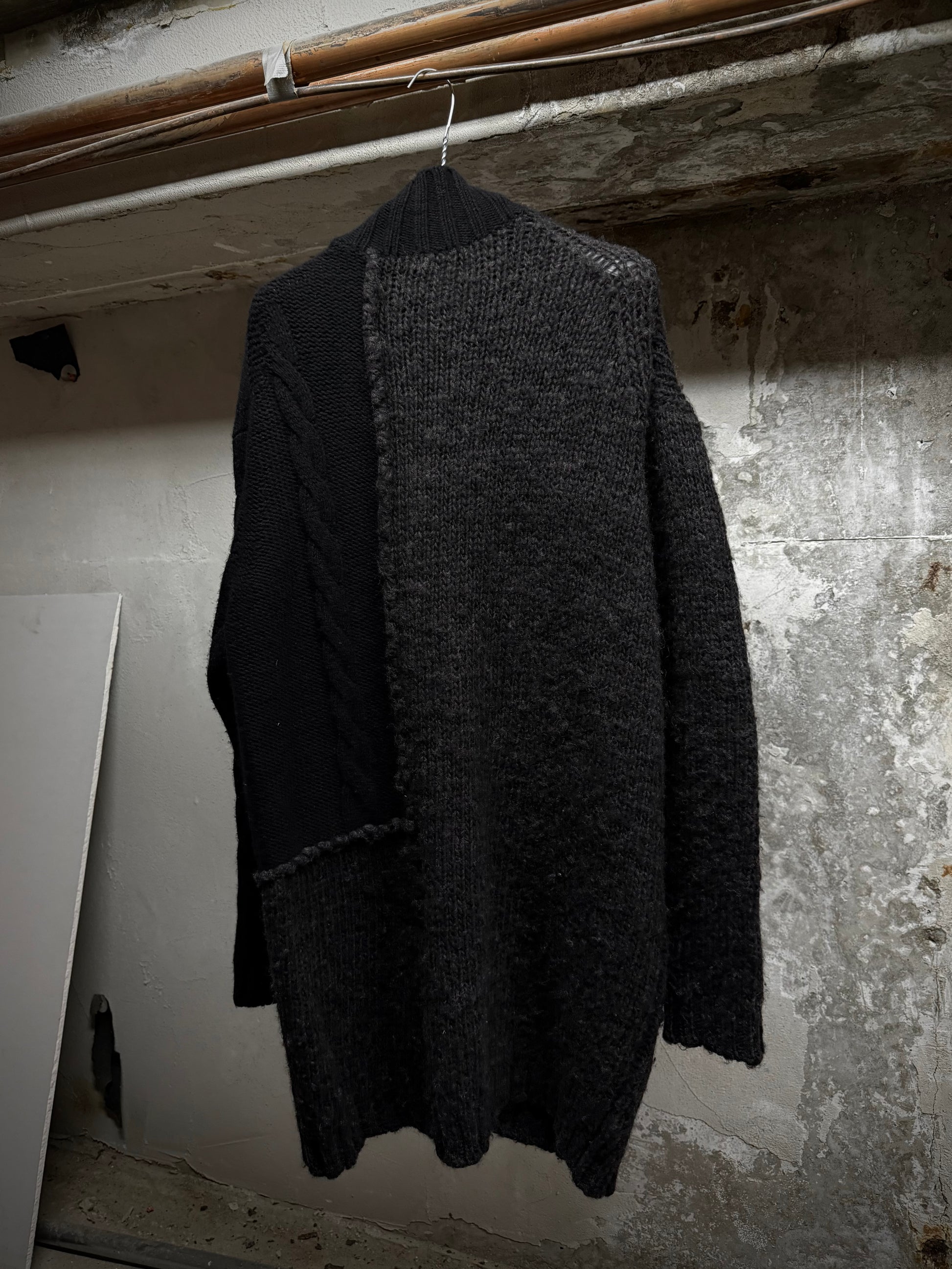Yohji Yamamoto POUR HOMME AW15 Asymmetric Oversized Chunky Wool Cable Knit Cardigan detail | DRIEW GARMENTS
