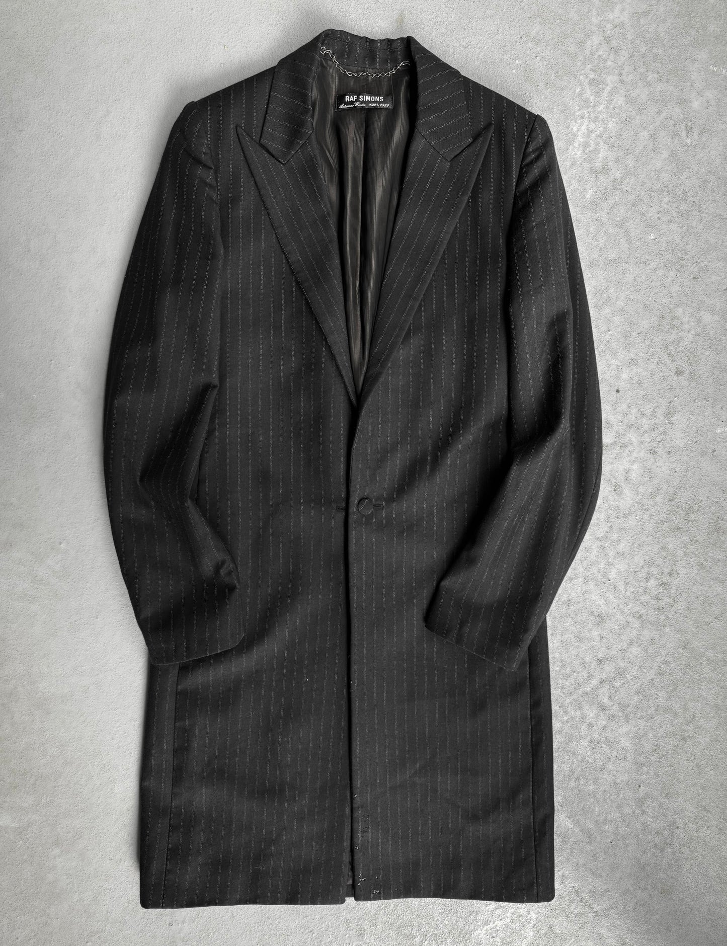 RAF SIMONS AW98-99 “Radioactivity” Satan Lapels Wool Pinstripe Long Coat