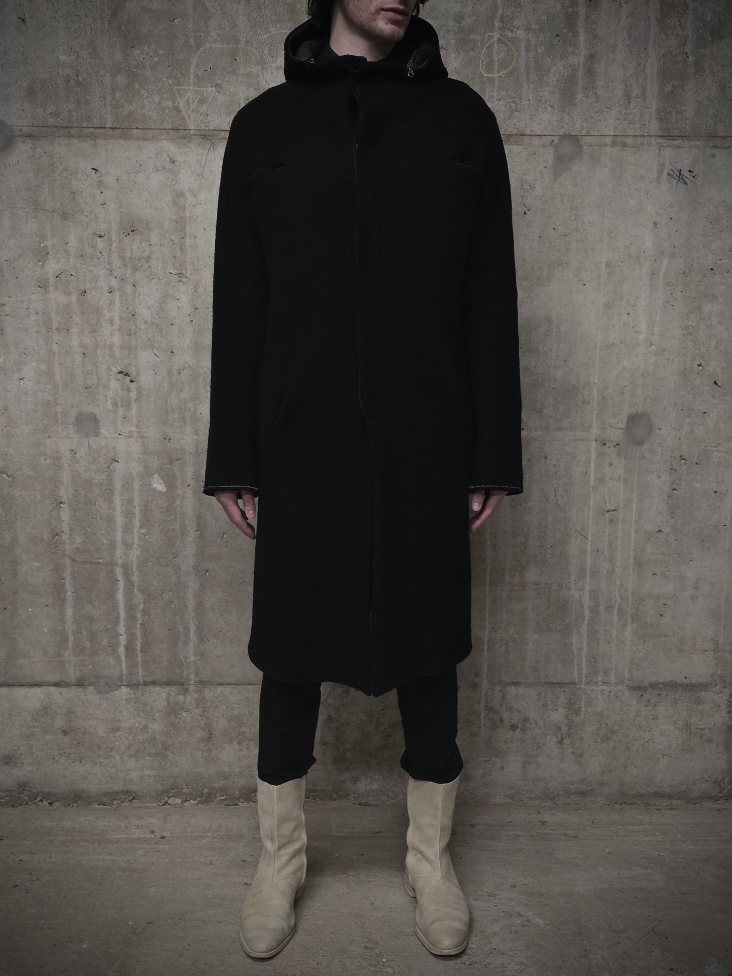 Lost and Found Ria Dunn Lost & Found by Ria Dunn 2010s Removable Hooded Boiled Wool Crepe Coat detail | DRIEW GARMENTS
