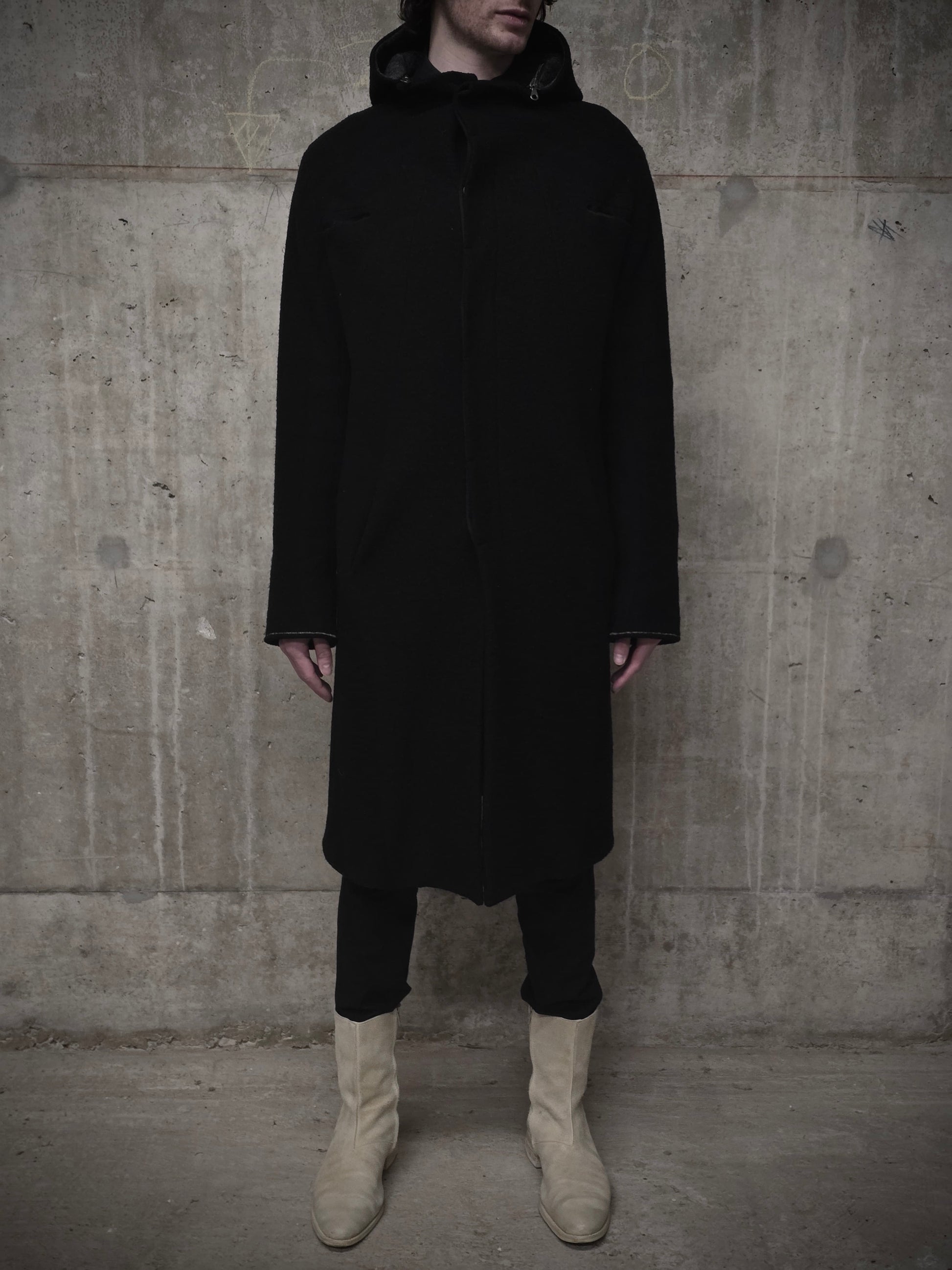 Lost and Found Ria Dunn Lost & Found by Ria Dunn 2010s Removable Hooded Boiled Wool Crepe Coat detail | DRIEW GARMENTS