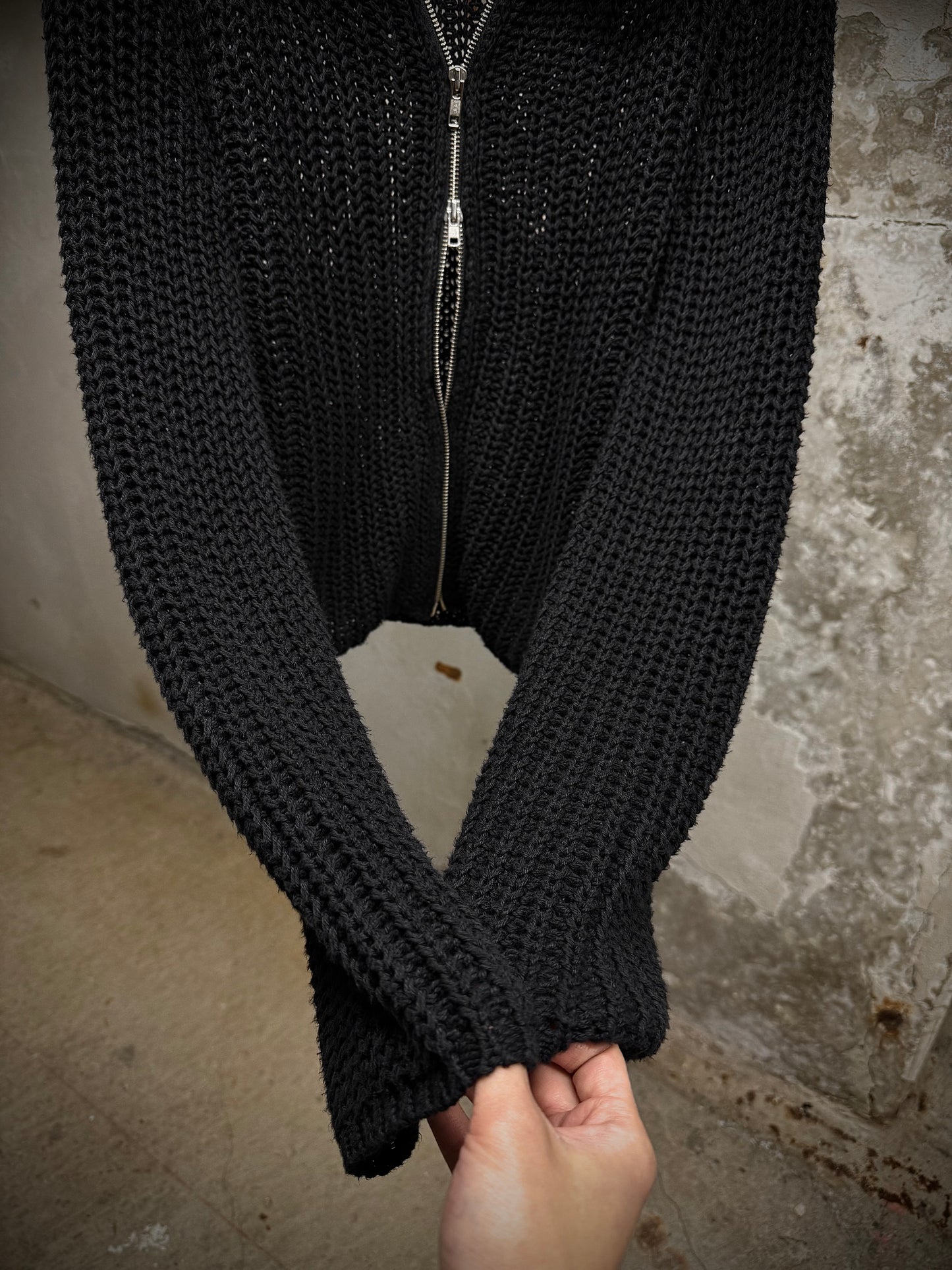 Ann Demeulemeester AW98 Cropped Cotton Knit Zip Up Mock Neck Sweater detail | DRIEW GARMENTS