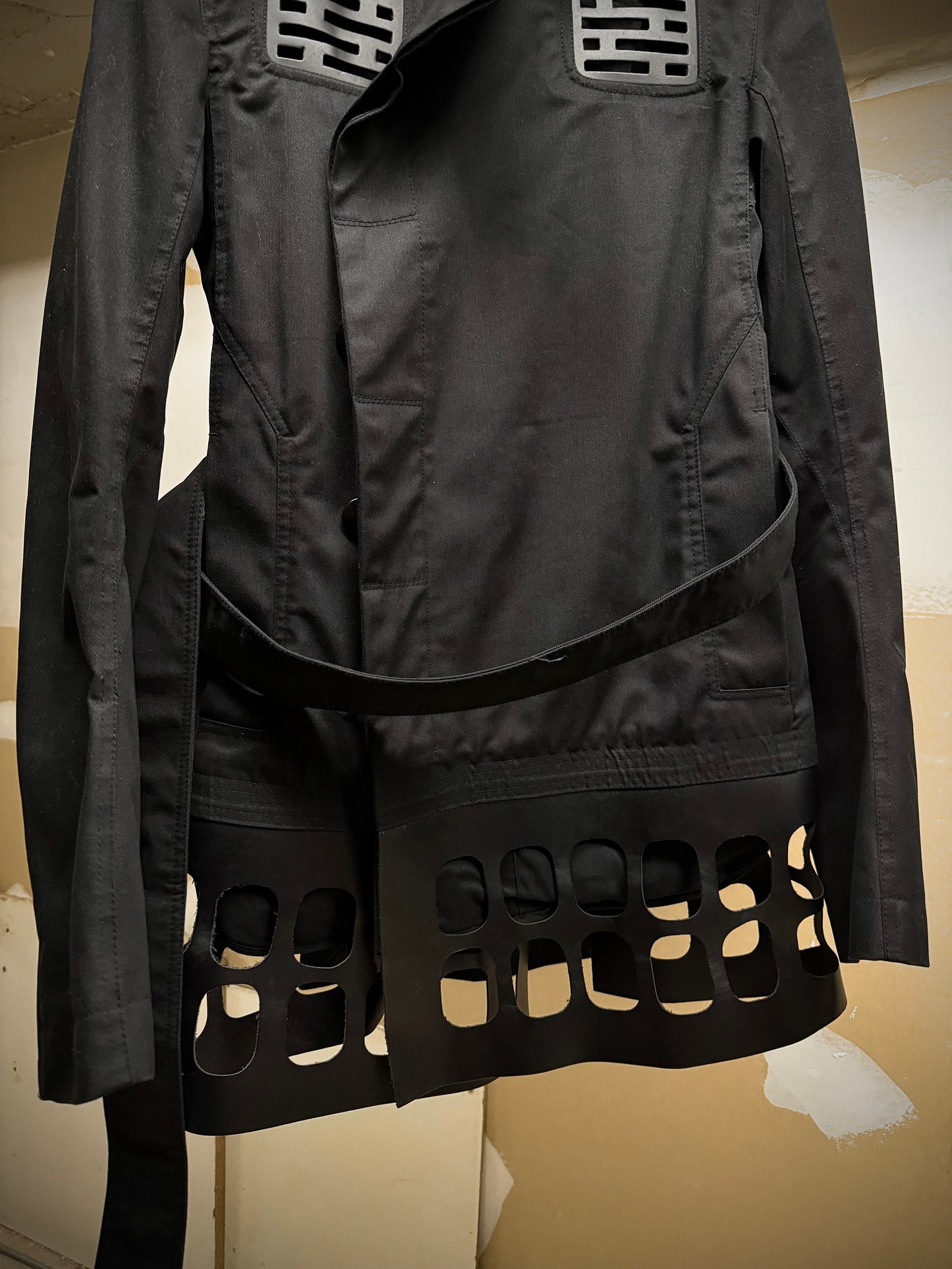 Rick Owens SS14 "VICIOUS" Faux Leather Cut-Out Cotton Trench Coat detail | DRIEW GARMENTS