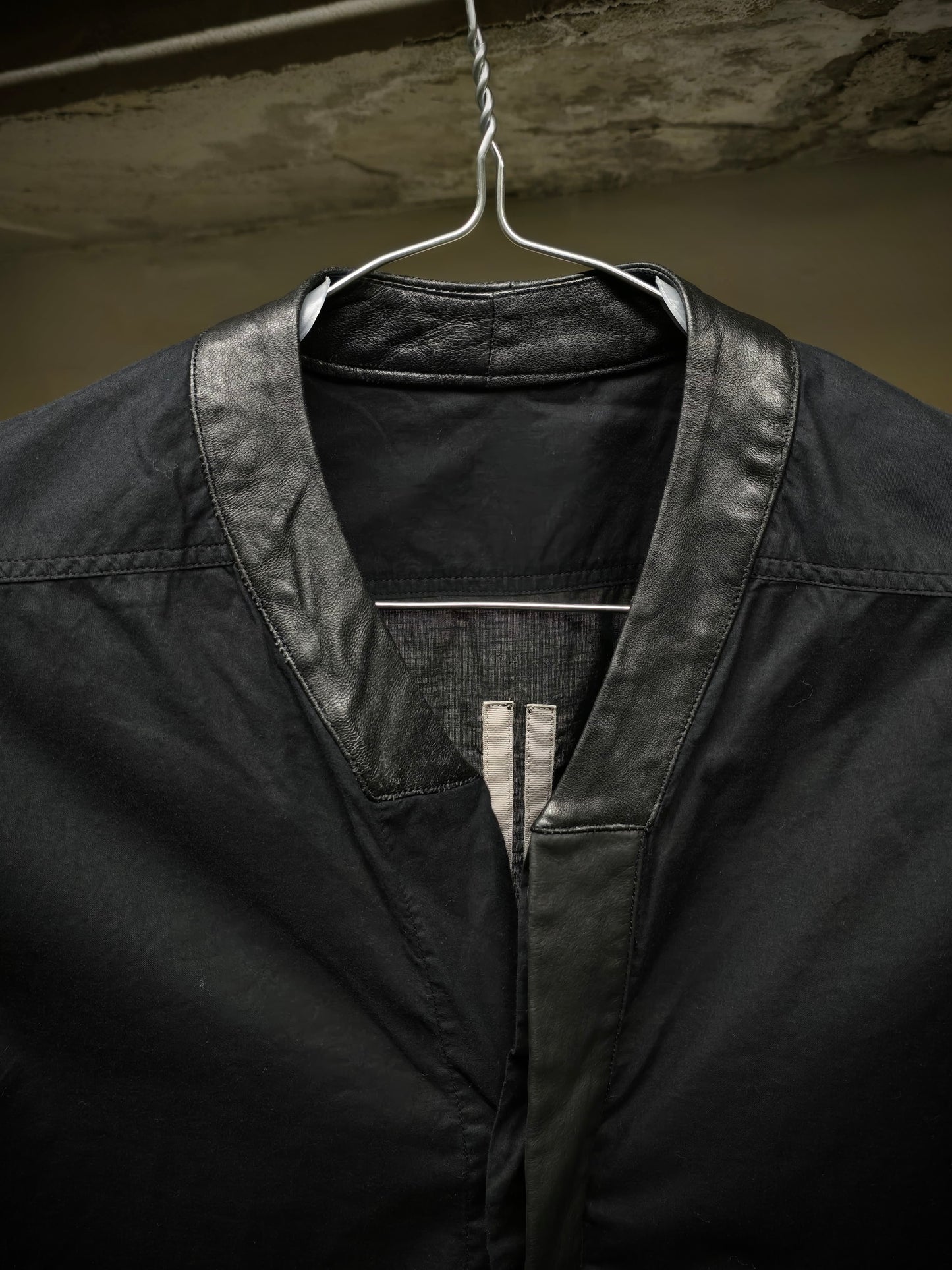Rick Owens SS16 "CYCLOPS" Calf Leather Trim Mandarin Collar Shirt detail | DRIEW GARMENTS