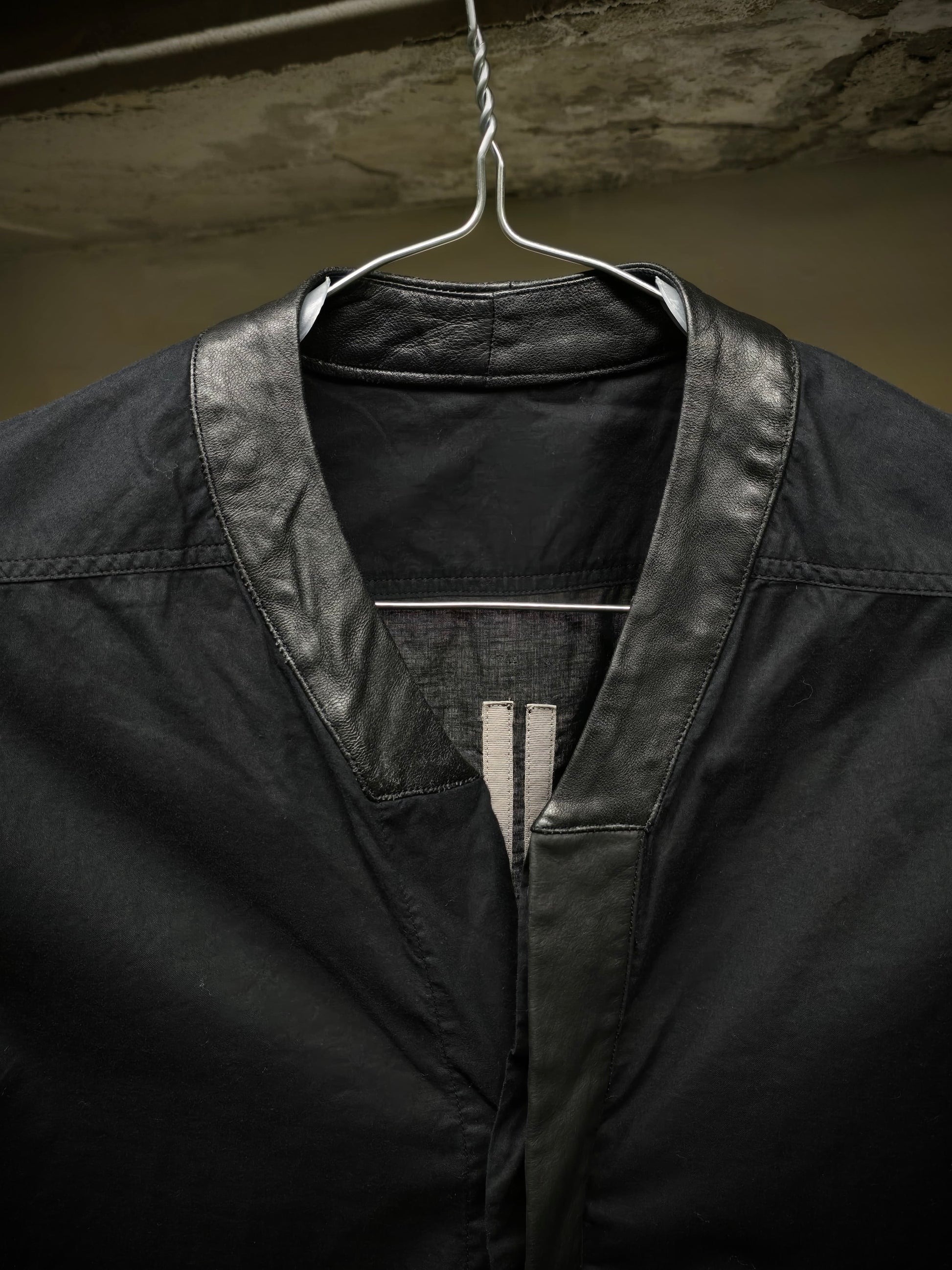 Rick Owens SS16 "CYCLOPS" Calf Leather Trim Mandarin Collar Shirt detail | DRIEW GARMENTS