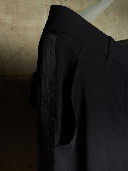 Ann Demeulemeester 90s Black Velvet Side Stripe Wide Leg Tuxedo Trousers