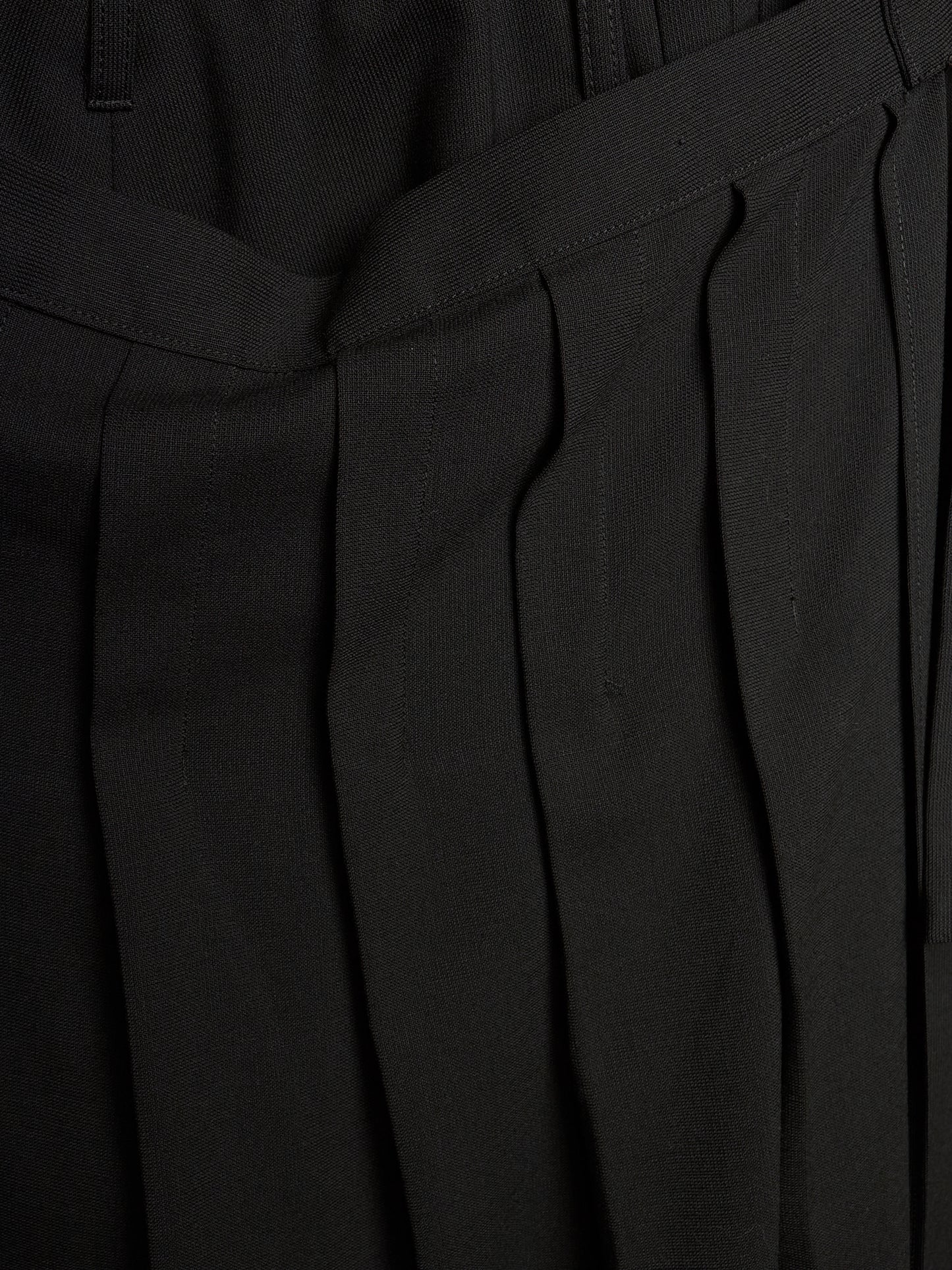 Close-up of black pleated trousers showing the fabric texture and waistband details.