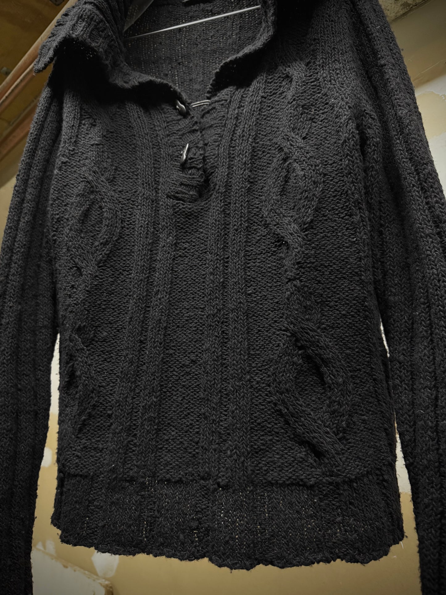 Ann Demeulemeester Early 00s Wide Collar Wool Cable Knit Henley Sweater