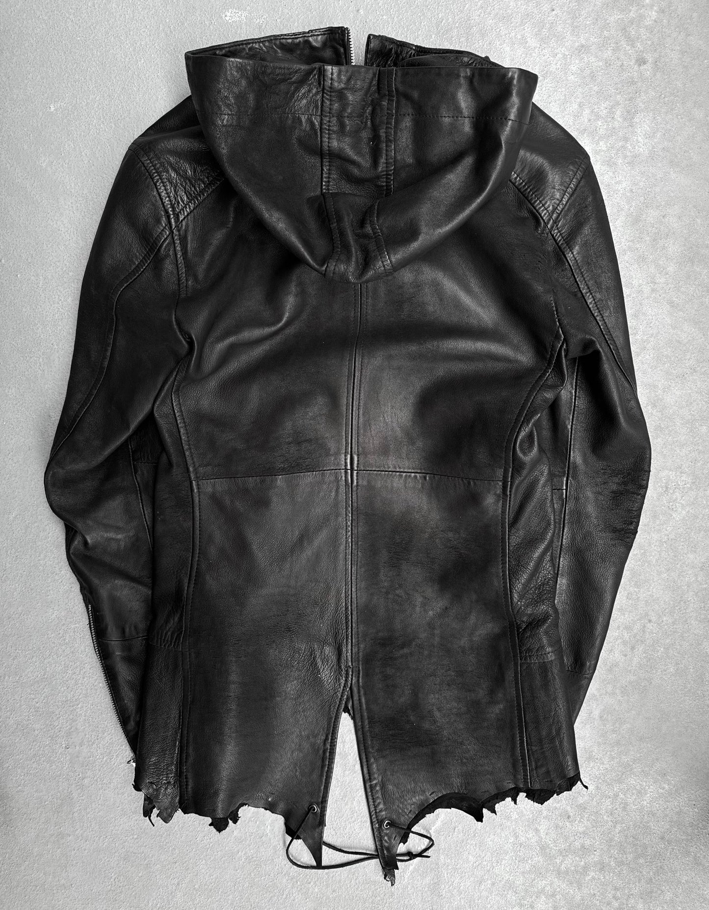 14thAddiction AW24 Distressed Sheepskin Leather Cross-zip Hooded Jacket
