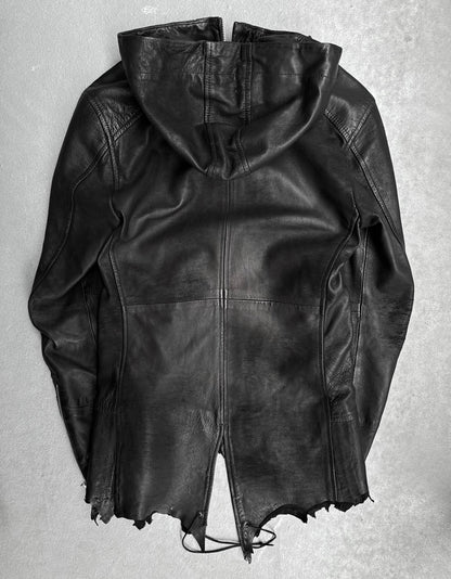 14thAddiction AW24 Distressed Sheepskin Leather Cross-zip Hooded Jacket
