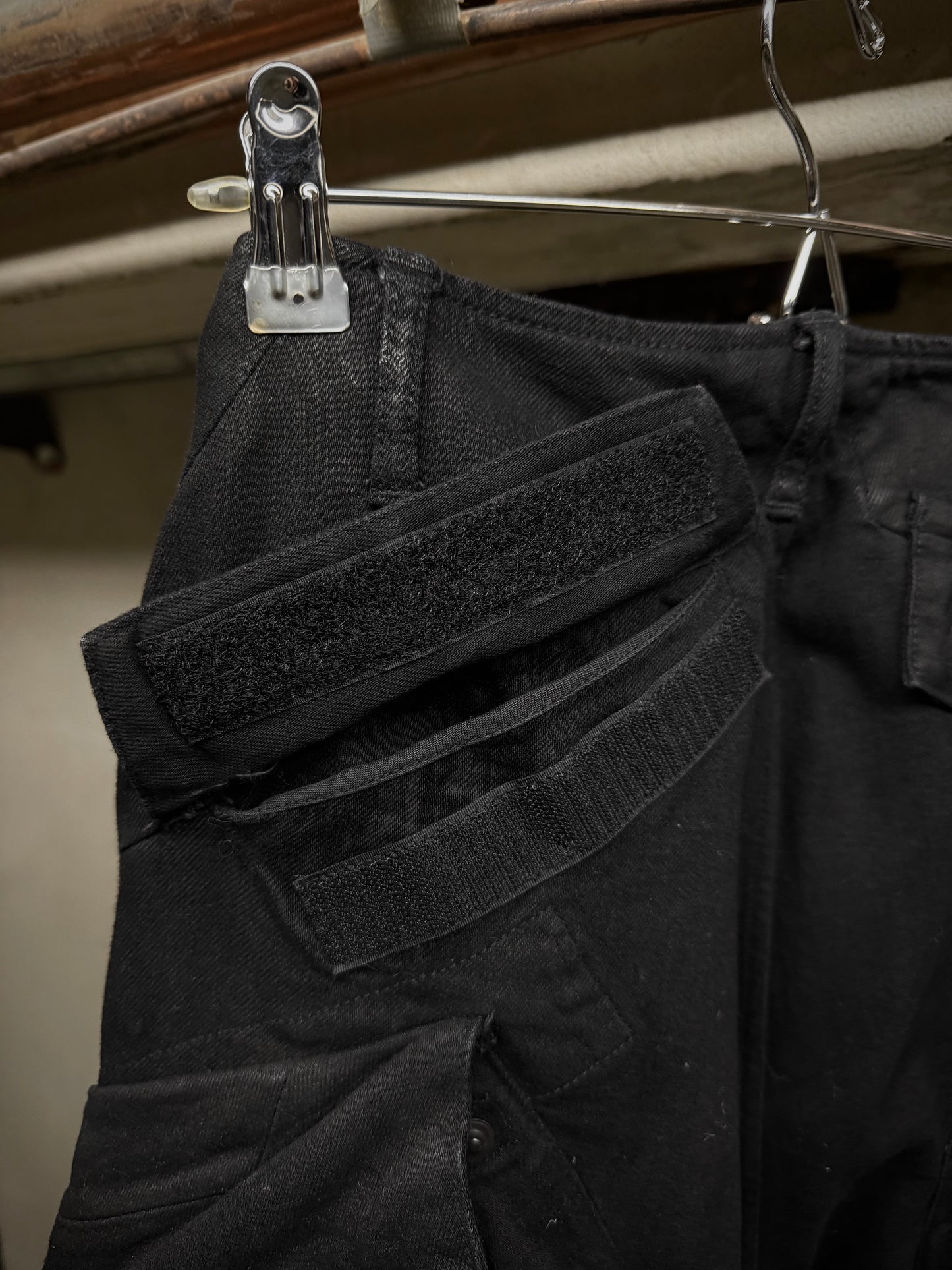 Julius_7 SS15 “prism;” Waxed Jumbo Velcro Gas-Mask Cargos Denim