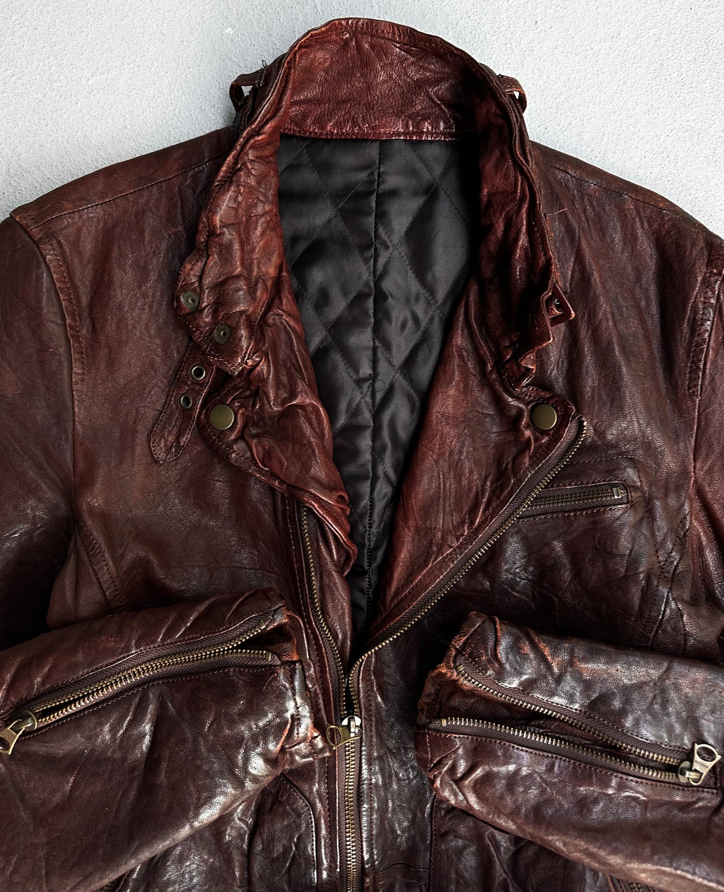 ABAHOUSE Early 00s Worn-out Burgundy Sheepskin Leather Biker Jacket