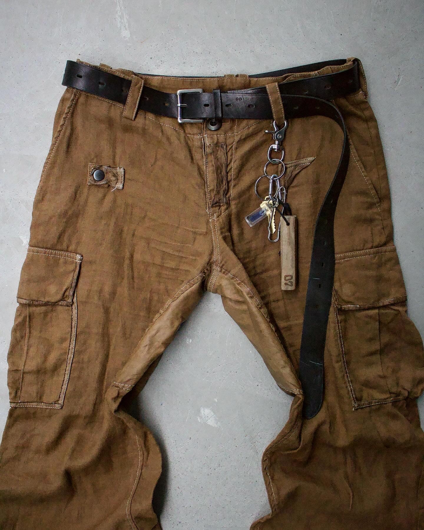 Kyoji Maruyama SS08 Garment-Dyed Leather Patch Linen Cargo Pants