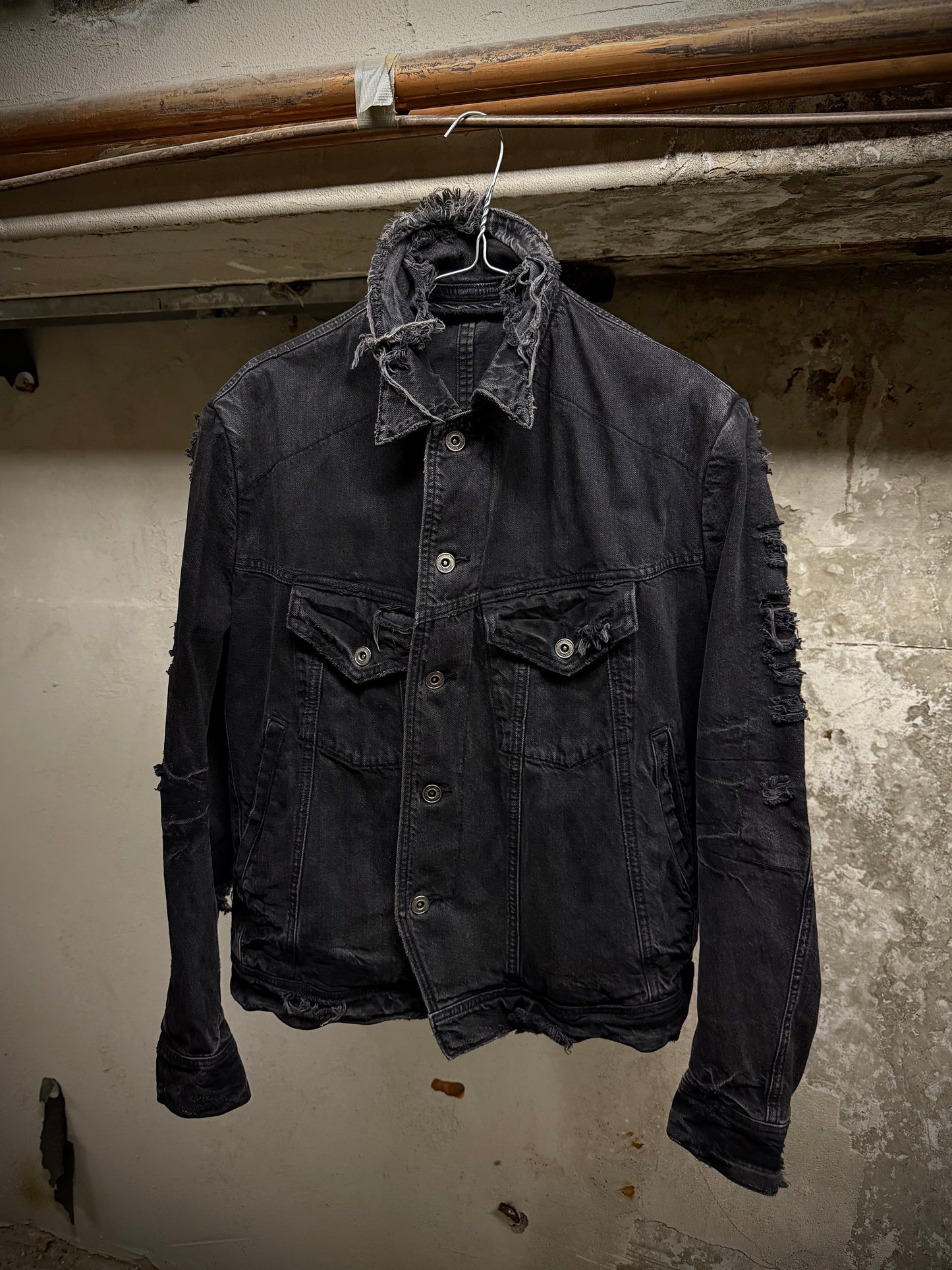 JULIUS _7 SS18 “Acid Glaciers;” Limited Edition Distressed 12oz Denim Trucker Jacket | Archive Fashion Toronto