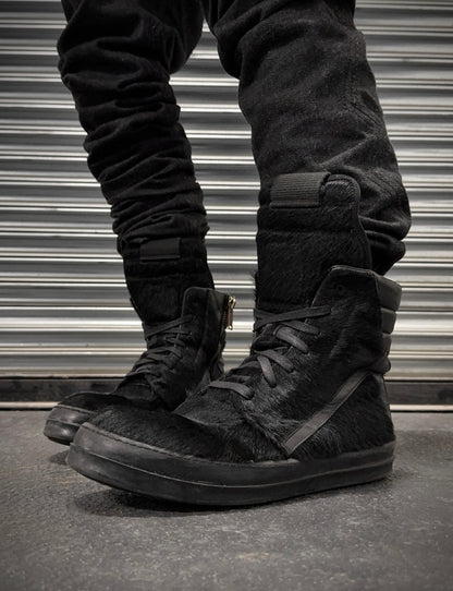 Rick Owens AW13 "PLINTH" Black Pony Hair Leather Geobasket Sneakers