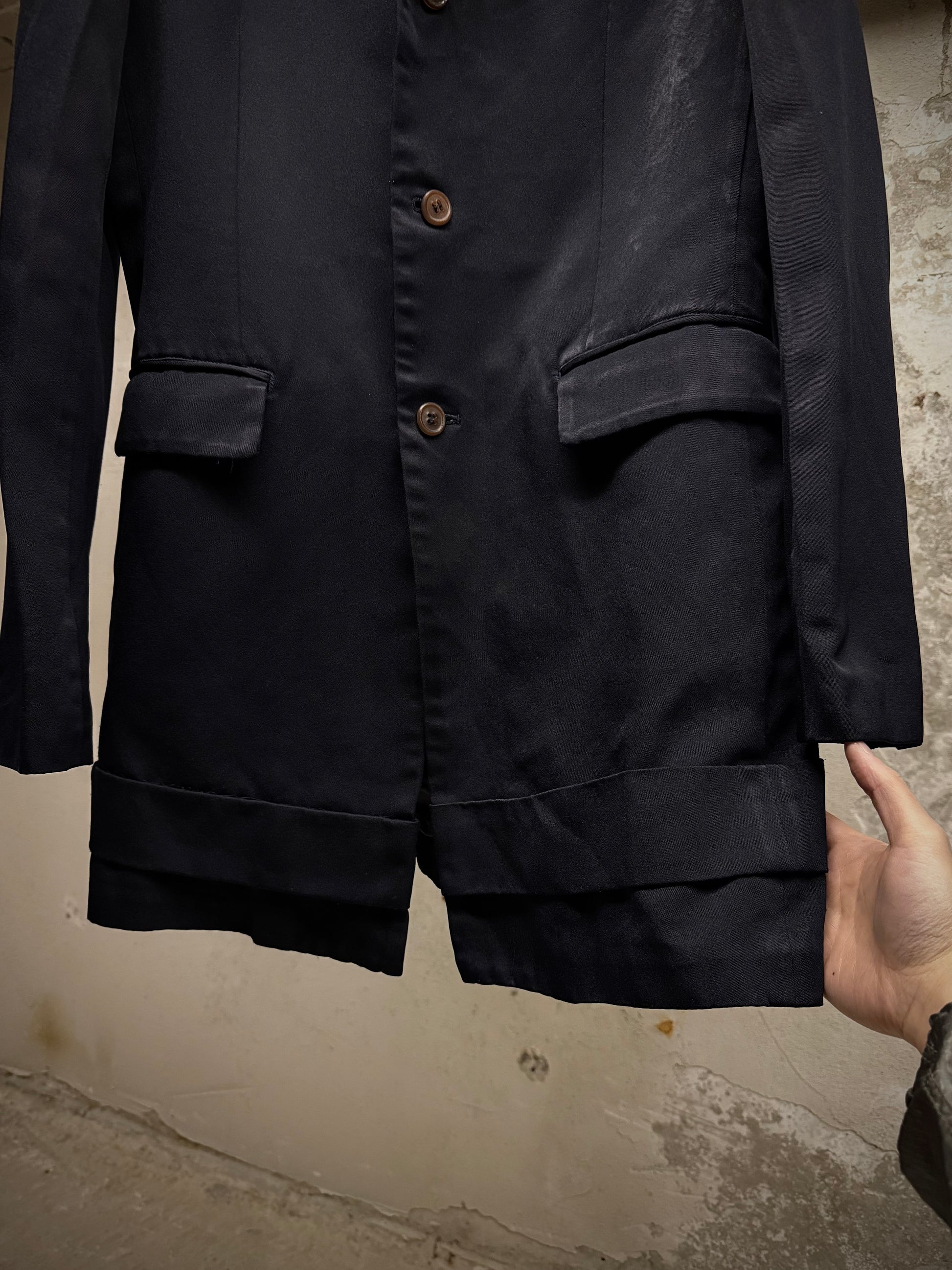 COMME des GARÇONS HOMME PLUS AW13 Dark Navy Hem Strap Poly Long Blazer detail | DRIEW GARMENTS