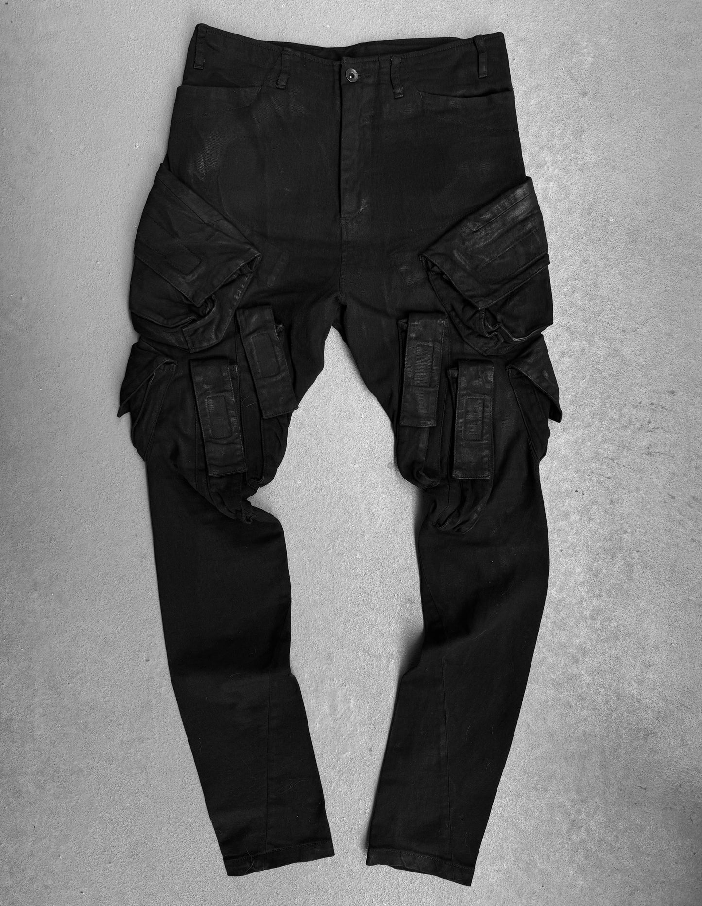 Julius_7 SS15 “prism;” Waxed Velcro Gas-Mask Cargos Skinny Denim