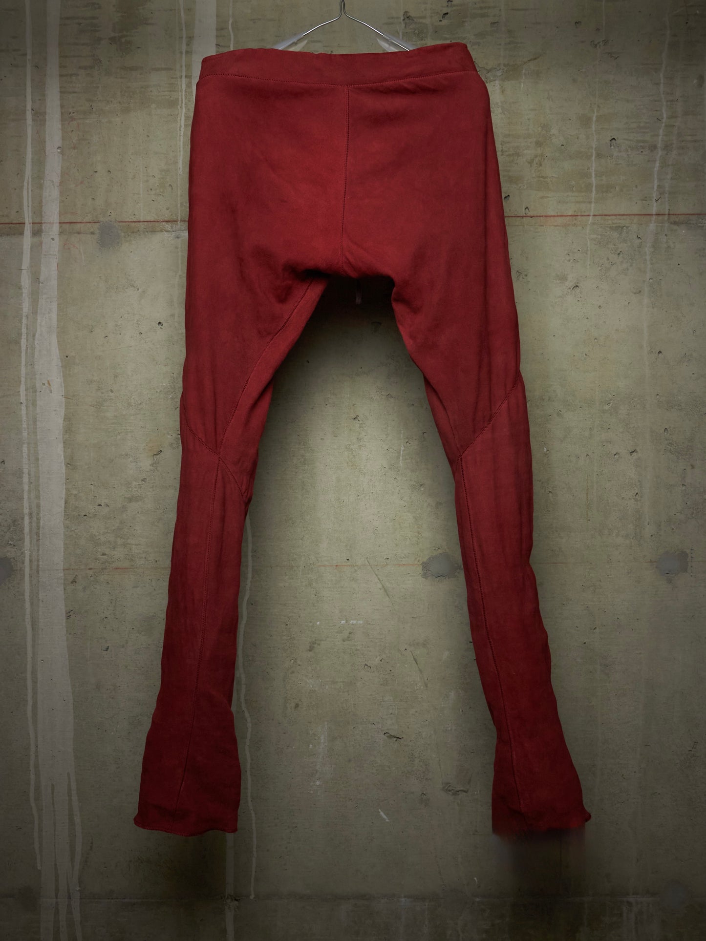 Isaac Sellam: “Experience” Brick Red Overlock Stretch Lambskin Suede Leather Jogging Pants