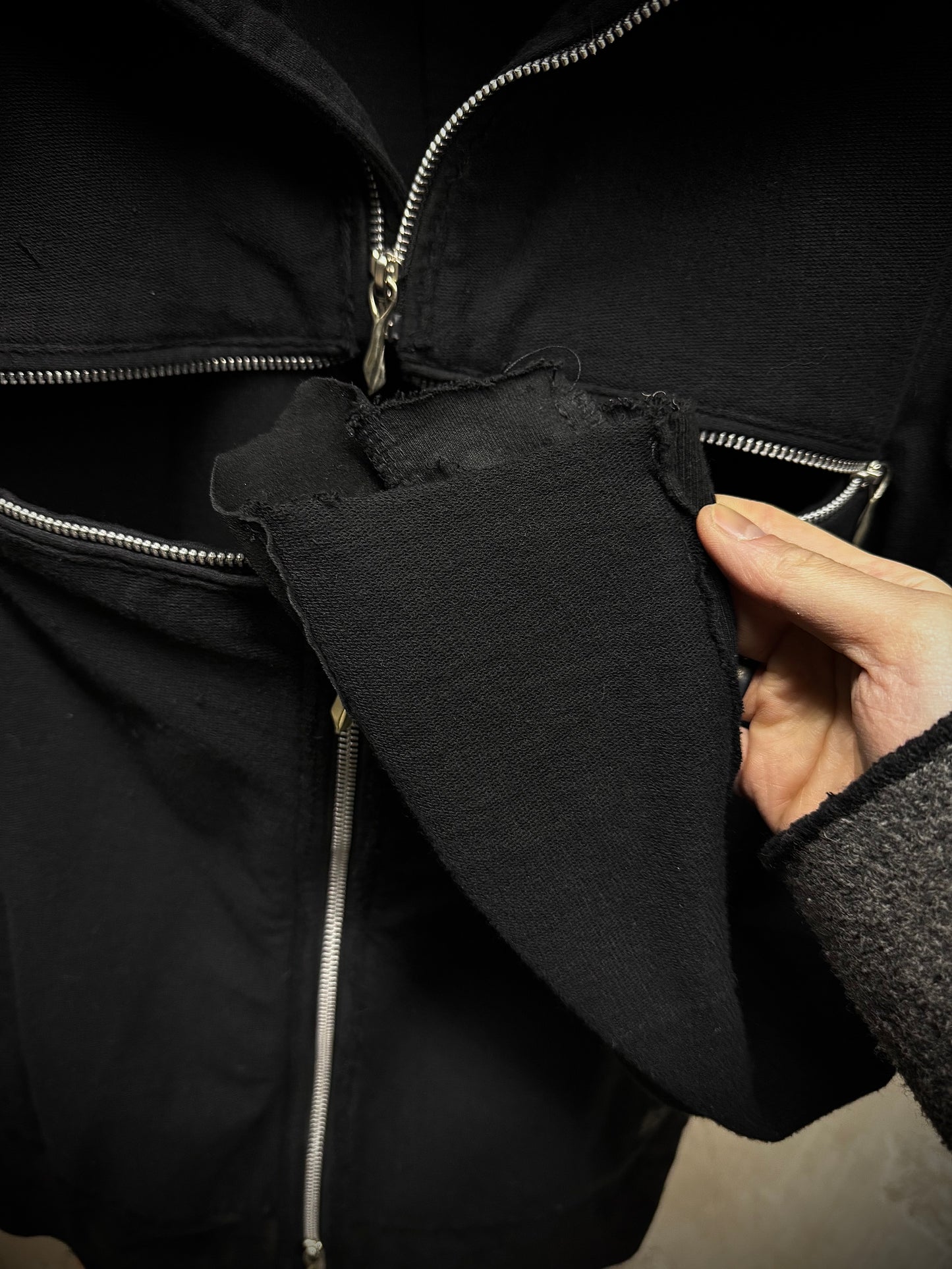 14thAddiction Mohawk Custom Distressed Sheepskin Leather Cross-zip Hoodie detail | DRIEW GARMENTS