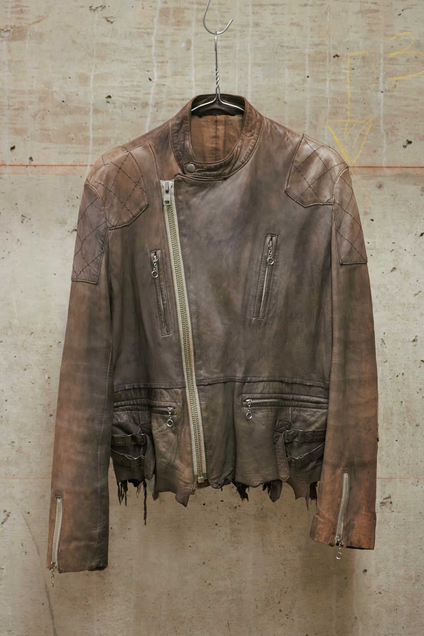 MiharaYasuhiro AW02 Garment-dyed Asymmetrical Zip Sheepskin Leather Rider Jacket