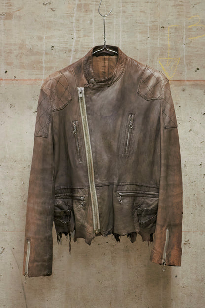 MiharaYasuhiro AW02 Garment-dyed Asymmetrical Zip Sheepskin Leather Rider Jacket