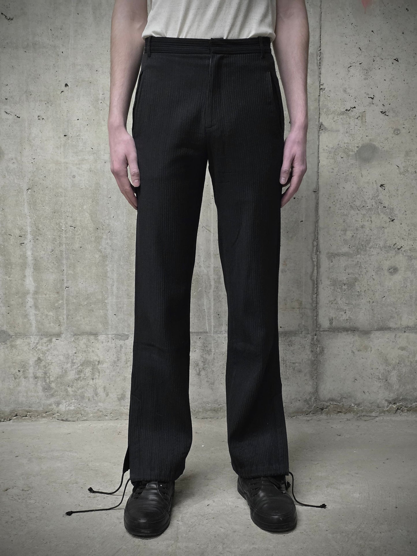 Ann Demeulemeester 90s Striped Wool Drawstring Hem Flare Pants detail | DRIEW GARMENTS