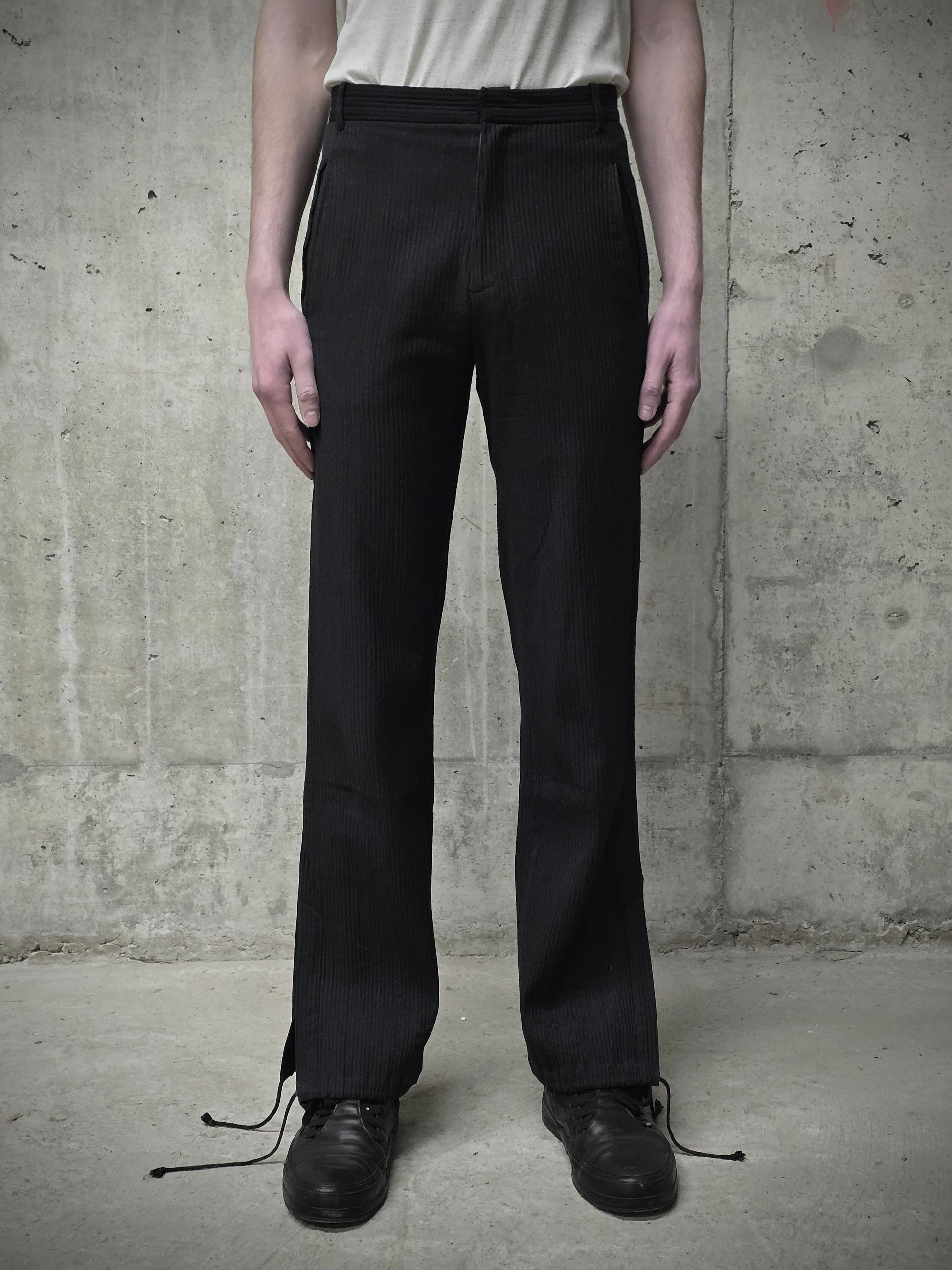 Ann Demeulemeester 90s Striped Wool Drawstring Hem Flare Pants detail | DRIEW GARMENTS