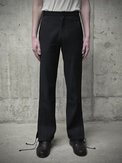 Ann Demeulemeester 90s Striped Wool Drawstring Hem Flare Pants detail | DRIEW GARMENTS