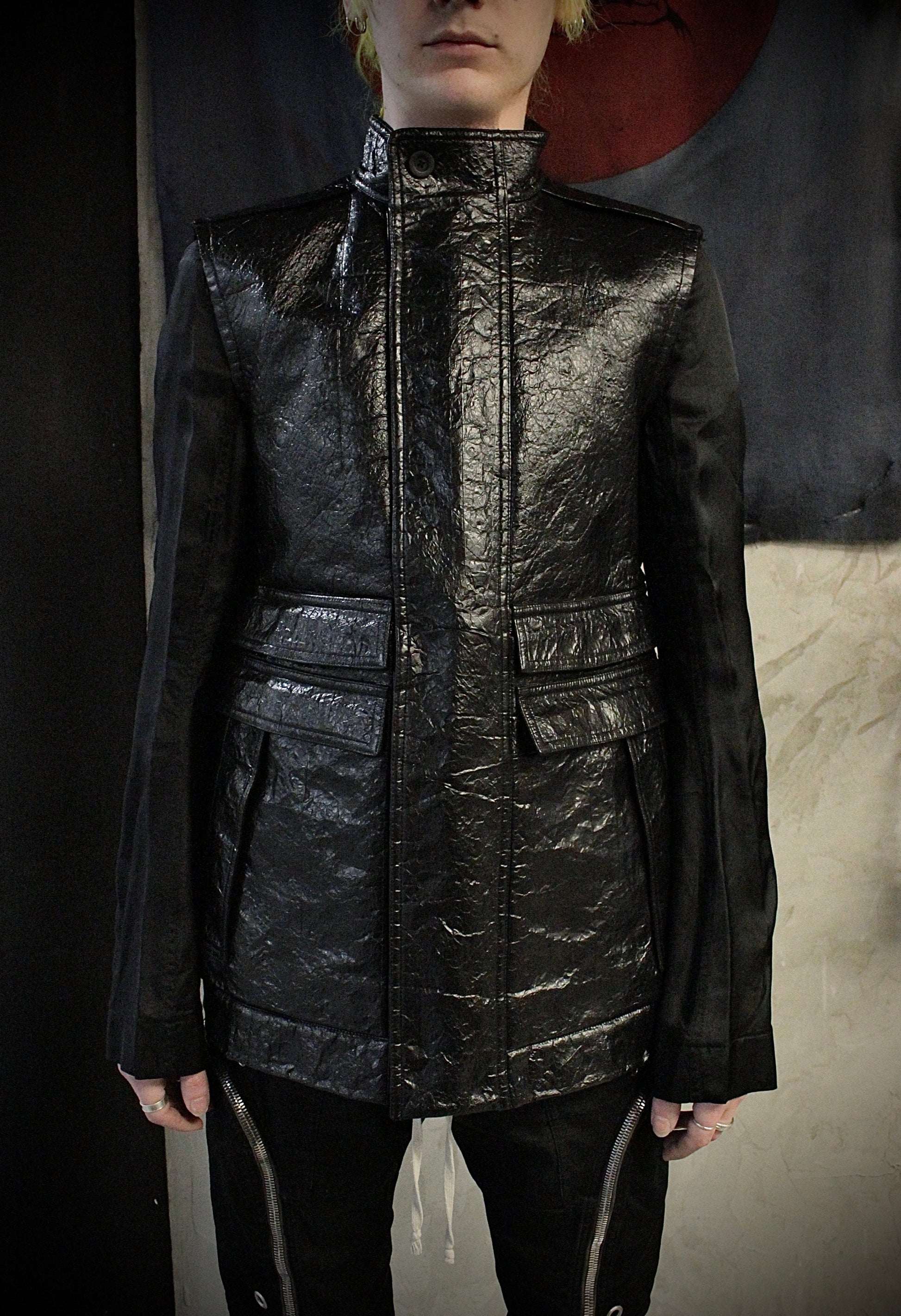 Rick Owens SS16 "CYCLOPS" Faux Leather Deconstructed Sleeve Military Jacket detail | DRIEW GARMENTS