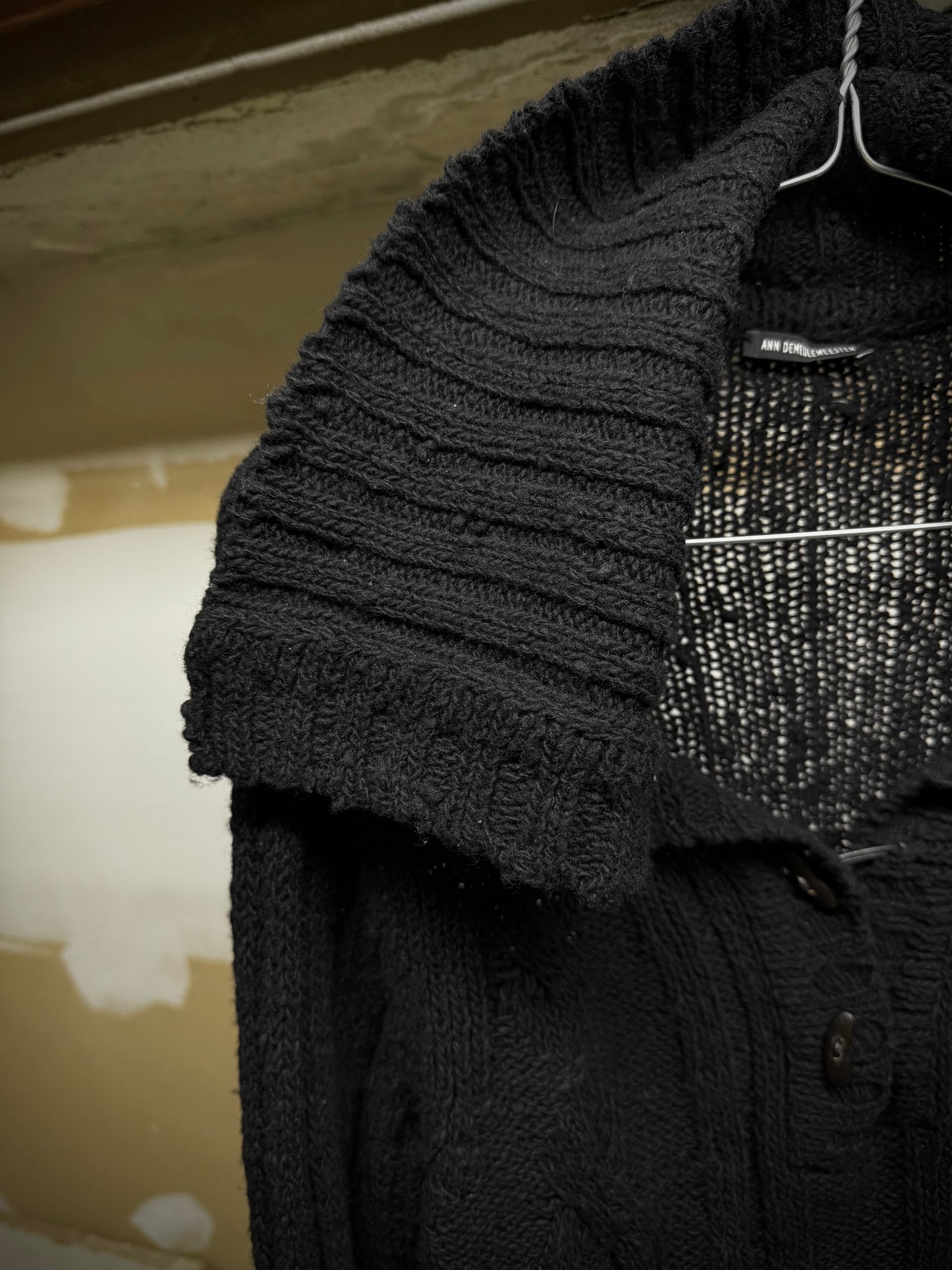 Ann Demeulemeester Early 00s Wide Collar Wool Cable Knit Henley Sweater