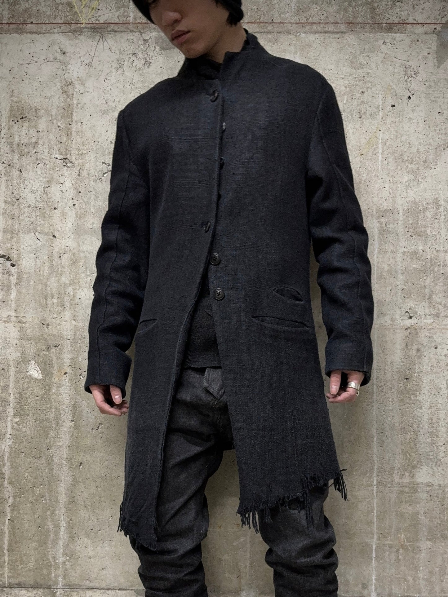 Aleksandr Manamïs Charcoal Grey Raw Silk Frayed Hem Coat detail | DRIEW GARMENTS