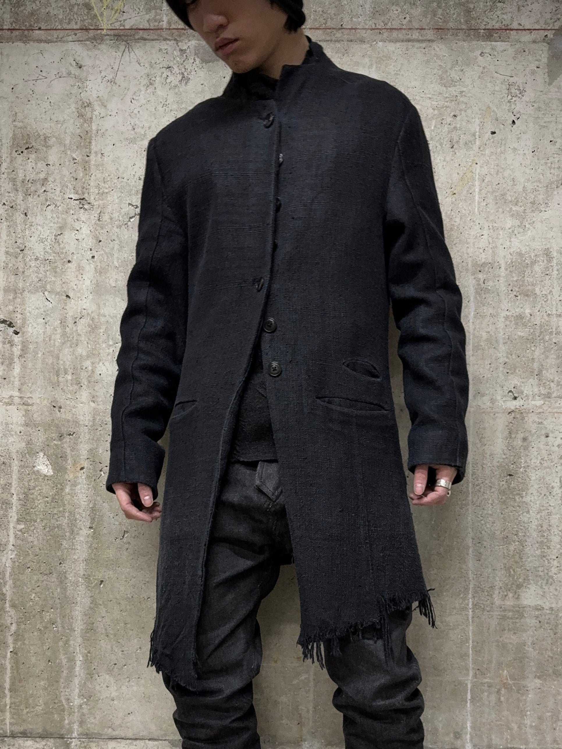 Aleksandr Manamïs Charcoal Grey Raw Silk Frayed Hem Coat detail | DRIEW GARMENTS