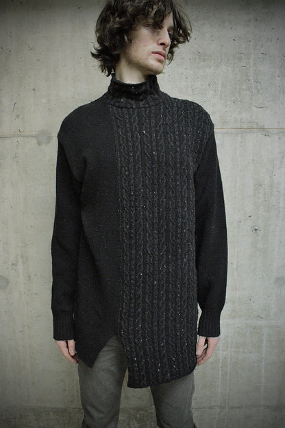 Yohji Yamamoto POUR HOMME AW23 Asymmetric Cable Knit Mock Neck Jumper detail | DRIEW GARMENTS