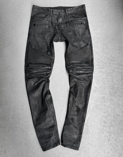 BALMAIN by Olivier Rousteing AW15 Distressed Vinyl Coated Biker Denim