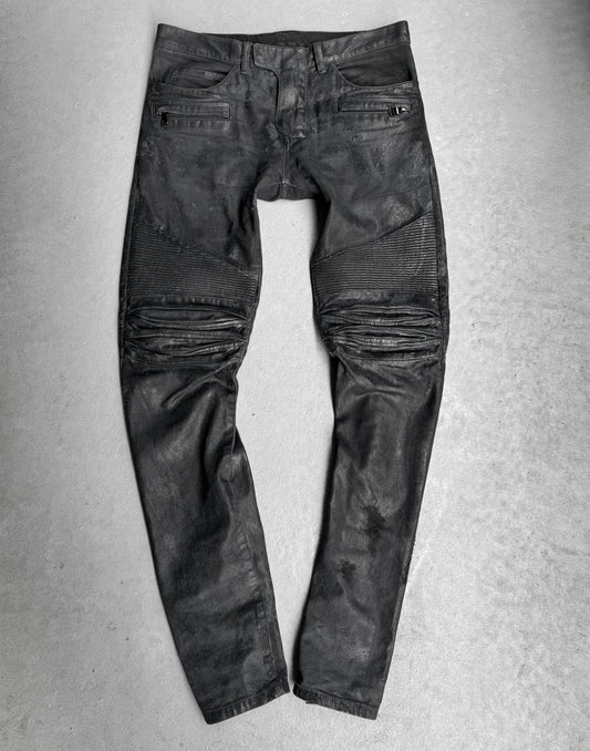 BALMAIN by Olivier Rousteing AW15 Distressed Vinyl Coated Biker Denim