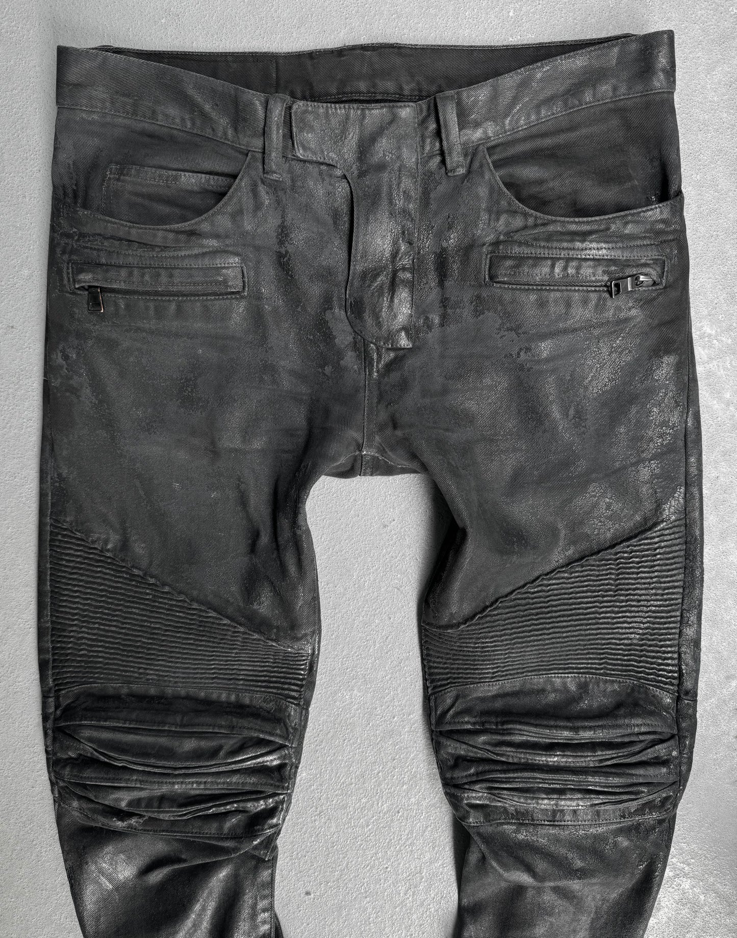 BALMAIN by Olivier Rousteing AW15 Distressed Vinyl Coated Biker Denim