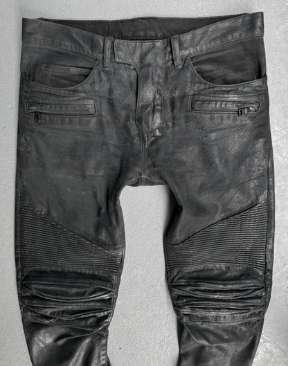 BALMAIN by Olivier Rousteing AW15 Distressed Vinyl Coated Biker Denim
