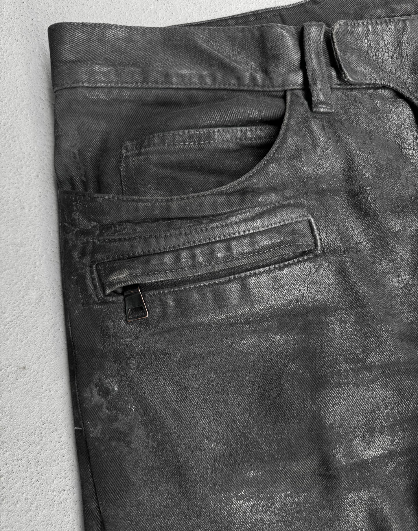 BALMAIN by Olivier Rousteing AW15 Distressed Vinyl Coated Biker Denim