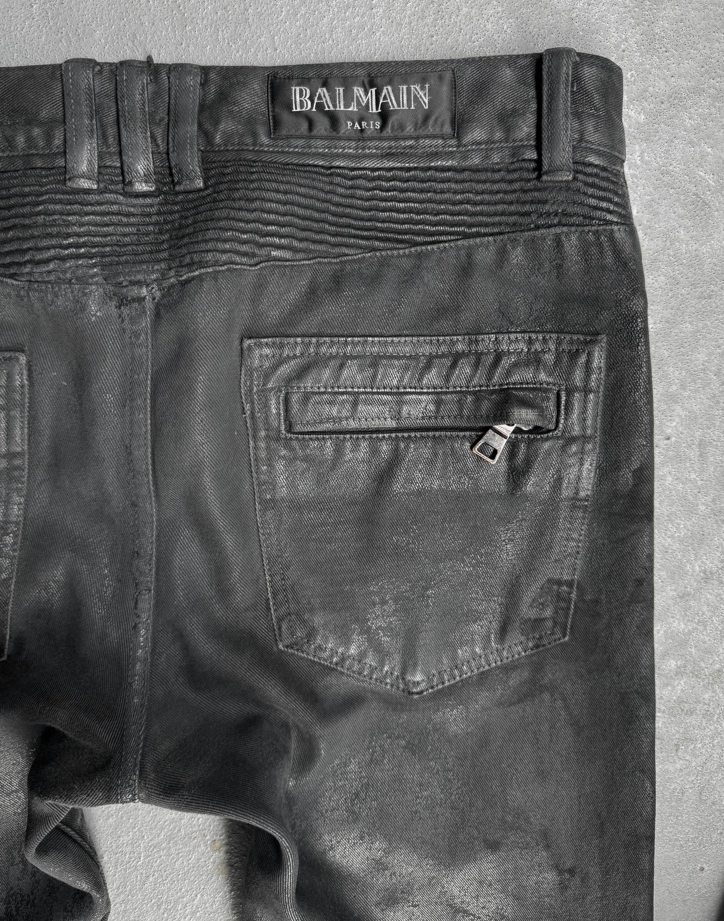 BALMAIN by Olivier Rousteing AW15 Distressed Vinyl Coated Biker Denim