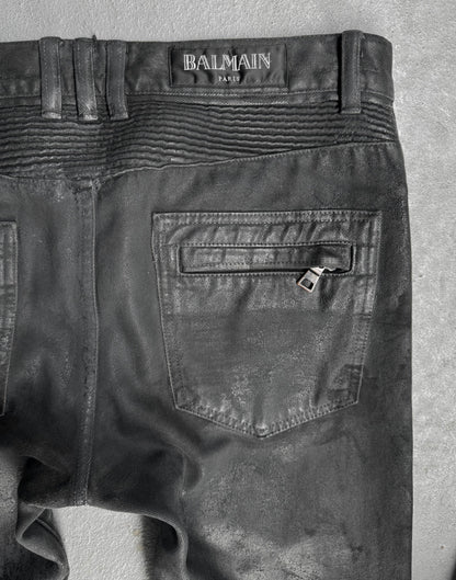 BALMAIN by Olivier Rousteing AW15 Distressed Vinyl Coated Biker Denim