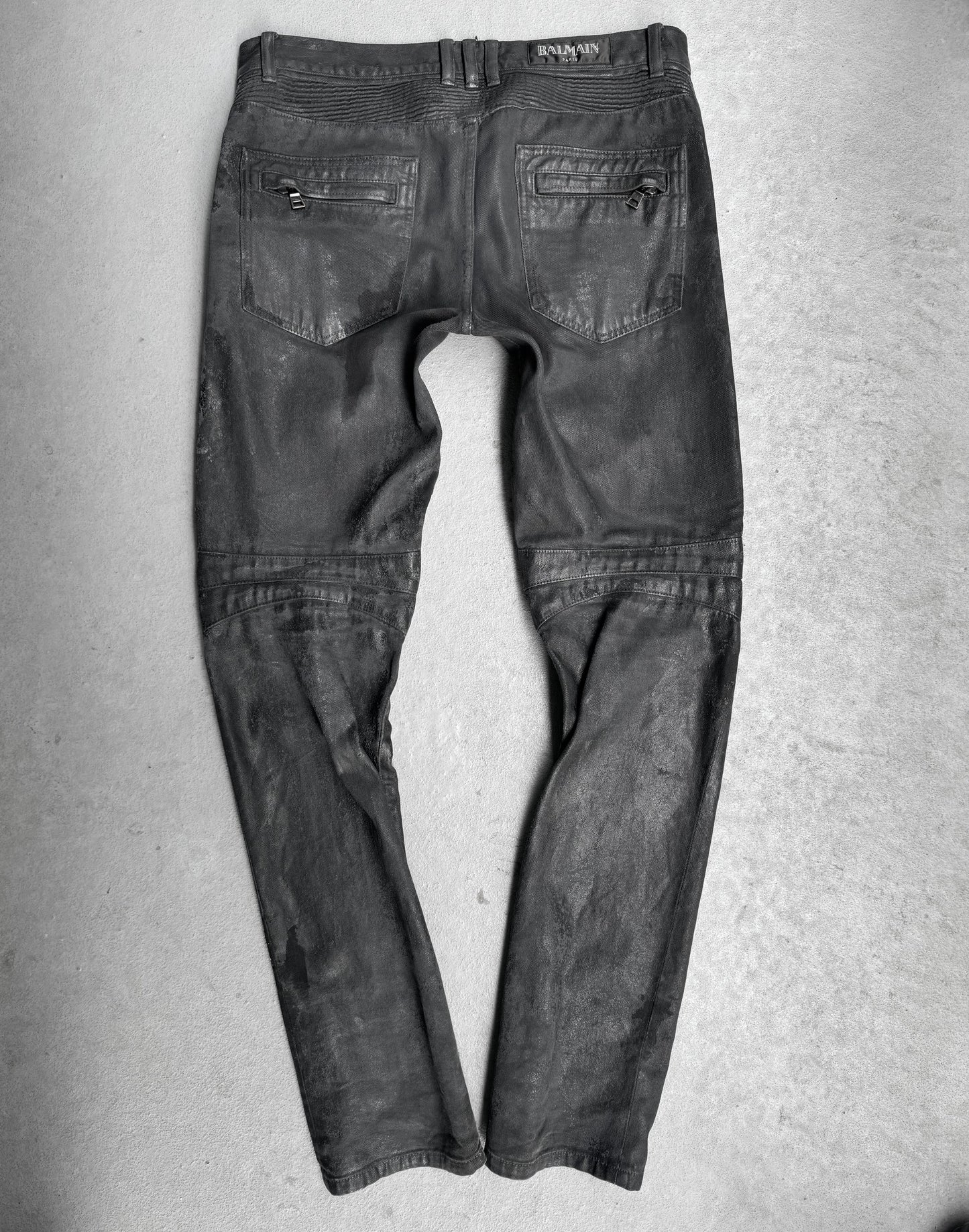 BALMAIN by Olivier Rousteing AW15 Distressed Vinyl Coated Biker Denim