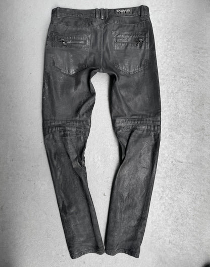 BALMAIN by Olivier Rousteing AW15 Distressed Vinyl Coated Biker Denim